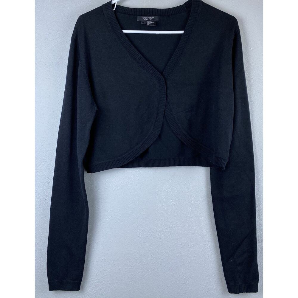 Karen Kayne Sz L Black Cropped Rounded LS Button Silk Blend Cardigan